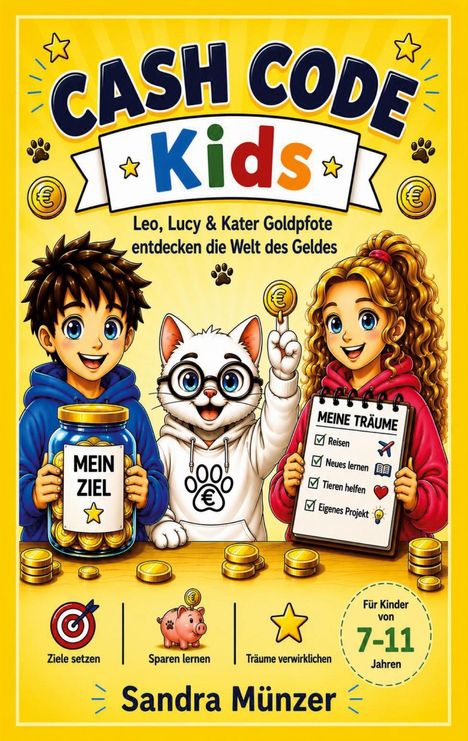 "CASH CODE Kids", Leo, Lucy & Kater Goldpfote entdecken Geld. Illustration: Kinder mit Gegenständen zum Thema Sparen.