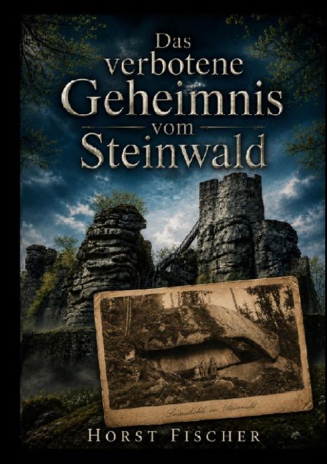 Buchtitel: "Das verbotene Geheimnis vom Steinwald" von Horst Fischer. Alte Fotografie einer Höhle vor Felsen und Wald.
