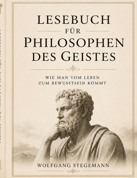 "Lesebuch für Philosophen des Geistes: Wie man vom Leben zum Bewusstsein kommt." Skulptur eines denkenden Mannes.