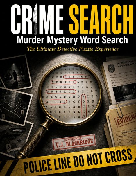 CRIME SEARCH, Murder Mystery Word Search. Polizeiabsperrung, Lupe zeigt Wörter, Beweisordner, Fotos, Pistole und Kreideumriss.
