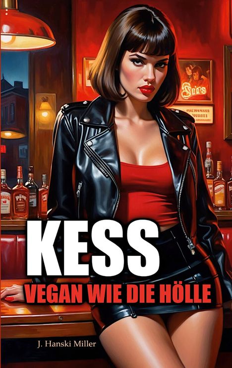 Text: "KESS VEGAN WIE DIE HÖLLE" oben, "J. Hanski Miller" unten. Illustration einer Frau in rotem Top und Lederjacke in Bar.