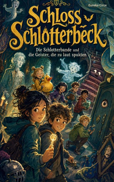 "Schloss Schlotterbeck: Die Schlotterbande und die Geister, die zu laut spukten." Eine abenteuerliche Szene mit Kindern und Geistern.