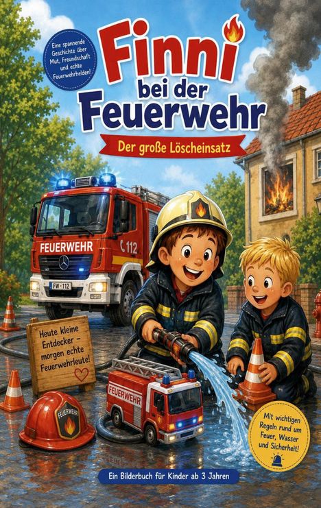 Titel: "Finni bei der Feuerwehr". Zwei Kinder spielen Feuerwehr mit Helm und Spielzeugauto. Haus brennt im Hintergrund.