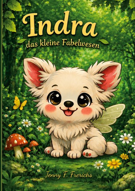 „Indra das kleine Fabelwesen“. Ein fröhliches, flauschiges Wesen mit Flügeln, umgeben von Wald, Blumen und Pilzen.