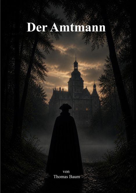 "Der Amtmann" und "von Thomas Baum". Eine düstere Szenerie zeigt eine Gestalt in einem Mantel vor einem alten Schloss.