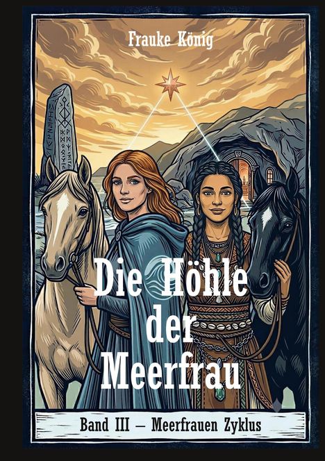 "Frauke König, Die Höhle der Meerfrau. Band III – Meerfrauen Zyklus." Zwei Frauen mit Pferden vor einer Höhle, Runenstein.