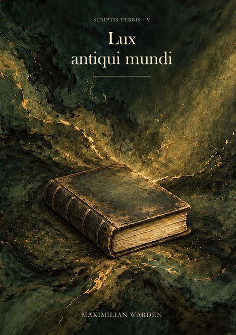 Text: "SCRIPТIS VERBIS · V" und "Lux antiqui mundi". Illustration eines alten Buchs, umgeben von magischem Licht.