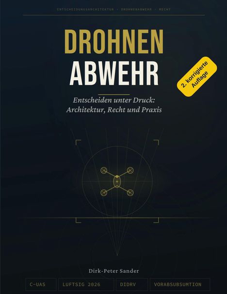 Drohnenabwehr: Entscheiden unter Druck. 2. korrigierte Auflage. Autor: Dirk-Peter Sander. Abbildung einer Drohne.