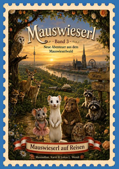 "Mauswieserl - Band 3: Neue Abenteuer aus dem Mauswieserwald; Mauswieserl auf Reisen. Tiere vor Stadtlandschaft bei Sonnenuntergang."
