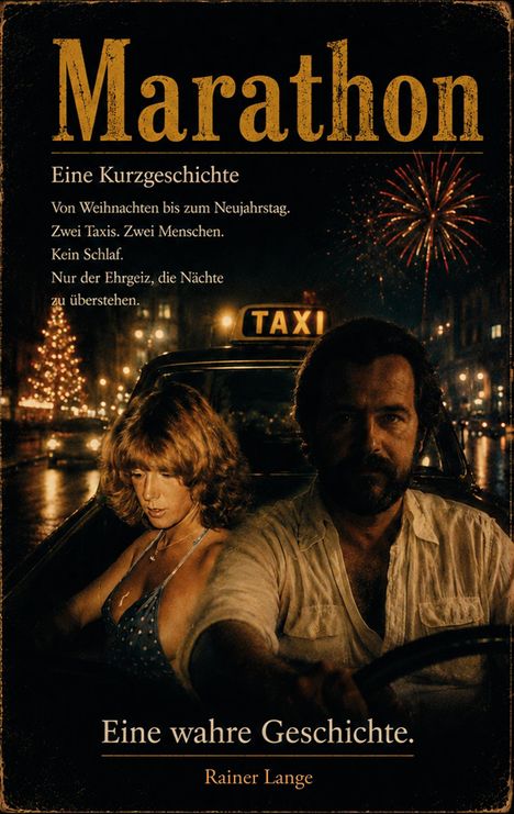 "Marathon" - Eine Kurzgeschichte über zwei Taxis, zwei Menschen und ihren Ehrgeiz. Untertitel: Eine wahre Geschichte. Menschen im Taxi, Feuerwerk im Hintergrund.