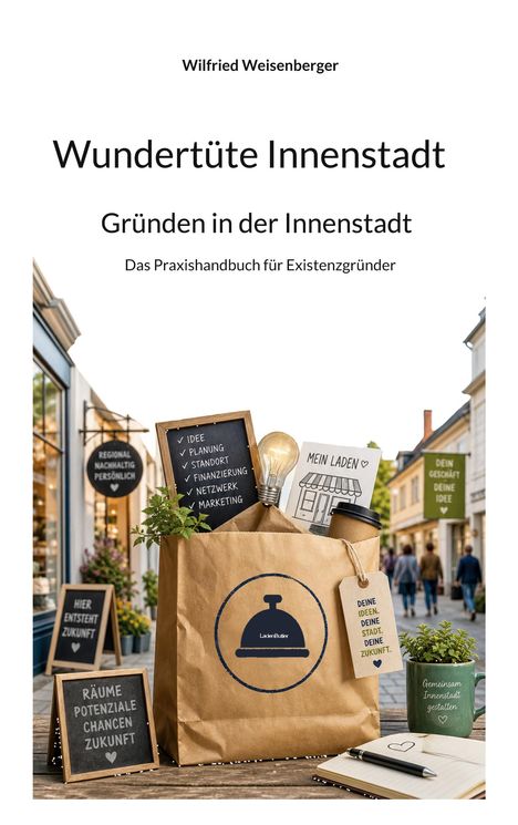 Oberer Text: Wilfried Weisenberger. Darunter: „Wundertüte Innenstadt“. Papiertragetasche mit Tafel und Glühbirne.