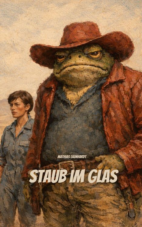Text: "MATHIAS LAUNHARDT STAUB IM GLAS". 

Illustration eines Frosches mit Hut und Frau in staubiger Landschaft.