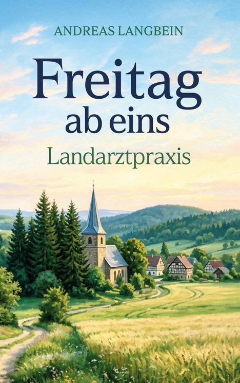 Text: "ANDREAS LANGBEIN Freitag ab eins Landarztpraxis". 

Illustration einer Landschaft mit einer Kirche und Dorf.