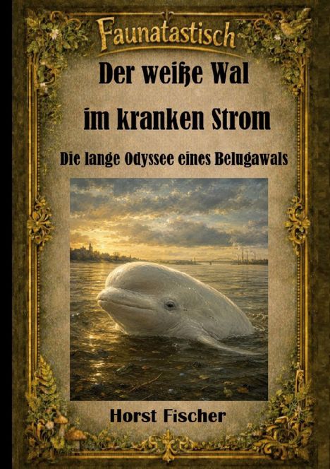 Text: "Faunatastisch", "Der weiße Wal im kranken Strom", "Die lange Odyssee eines Belugawals", "Horst Fischer". Ein Beluga im Fluss.