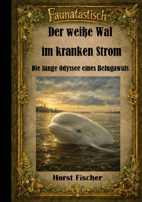 "Faunatastisch. Der weiße Wal im kranken Strom. Die lange Odyssee eines Belugawals. Horst Fischer." Ein Belugawal im Wasser.