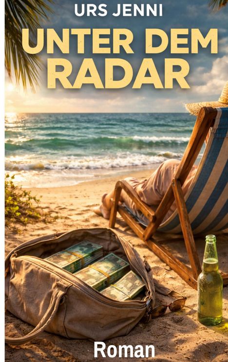 "UNTER DEM RADAR" oben, "Roman" unten. Strand, Sonnenuntergang, Liegestuhl, offene Tasche mit Geld, grüne Flasche.