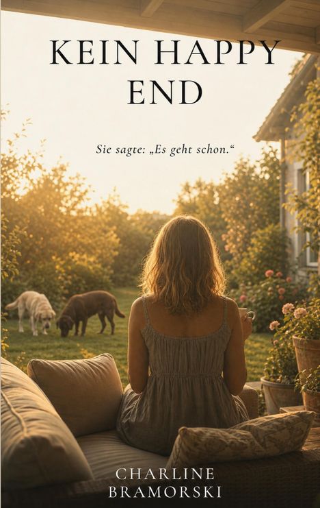 KEIN HAPPY END. Sie sagte: „Es geht schon.“ Charline Bramorski. Eine Frau sitzt im Garten, zwei Hunde sind zu sehen.
