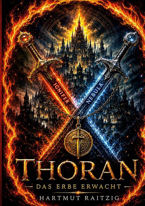 "THORAN: Das Erbe erwacht. Hartmut Raitzig." Zwei leuchtende Schwerter, von Flammen umgeben, vor einer düsteren Burg.