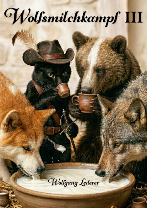 Text: "Wolfsmilchkampf III" und "Wolfgang Lederer". Eine Katze mit Hut und Tiere trinken aus Tassen und einer Schale Milch.