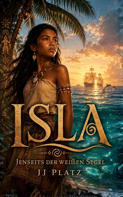 ISLA, Jenseits der weißen Segel, JJ Platz. Eine Frau in traditioneller Kleidung vor Meer und Segelschiffen bei Sonnenuntergang.