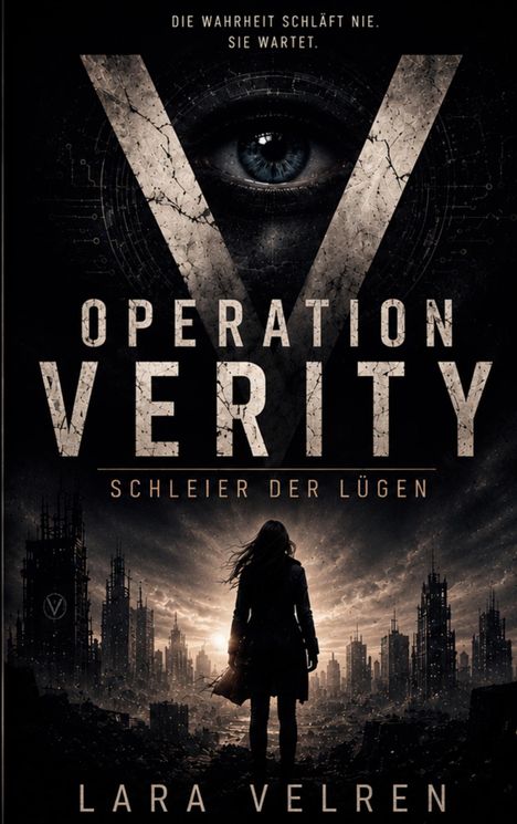 „Die Wahrheit schläft nie. Sie wartet. Operation Verity. Schleier der Lügen. Lara Velren.“ Silhouette vor Ruinen.