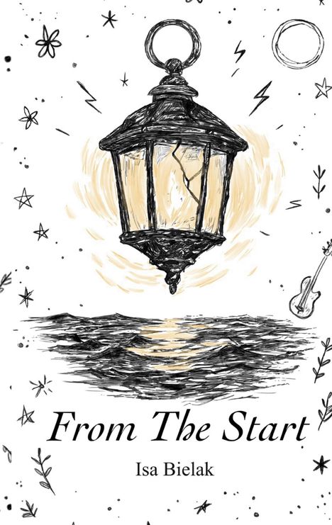 Text: "From The Start" und "Isa Bielak". Illustration: Eine Laterne über Wellen mit Sternen und einer Gitarre im Hintergrund.