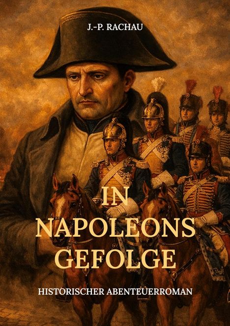 „In Napoleons Gefolge: Historischer Abenteuerroman“. Gemälde von Napoleon mit Soldaten auf Pferden.