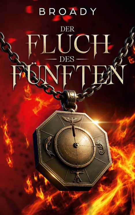 „Der Fluch des Fünften.“ Kettengeschmücktes, achteckiges Medaillon vor flammendem, dunkelrot-orangenem Hintergrund.