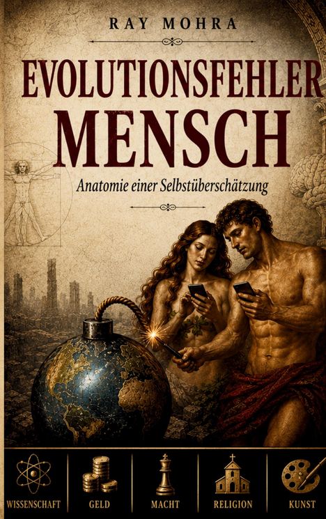 Text: "Evolutionsfehler Mensch. Anatomie einer Selbstüberschätzung." Illustration: Adam und Eva mit Smartphones, Globus-Bombe.