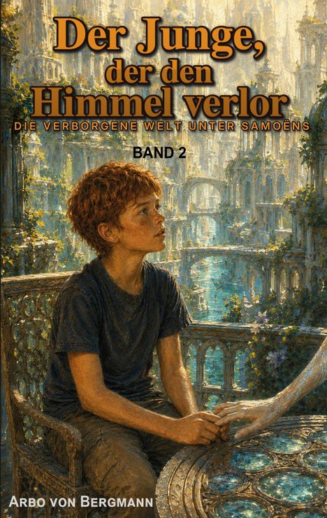 „Der Junge, der den Himmel verlor“, „Die verborgene Welt unter Samoëns“, „Band 2“, „Arbo von Bergmann“. Junge in antiker Szenerie.