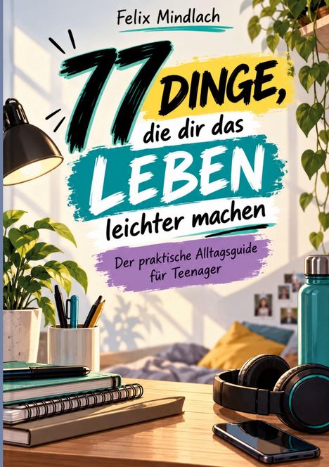 „77 Dinge, die dir das Leben leichter machen.“ Ein Schreibtisch mit Pflanzen, Büchern, Stiften, Kopfhörern und Fotos.