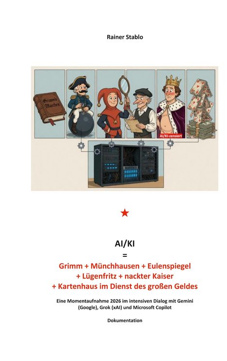 Rainer Stablo. AI/KI Gleichung. Märchenfiguren, Erzählungen mit Server, illustriert. Text: "AI/KI = Grimm + Münchhausen ... Kartenhaus".