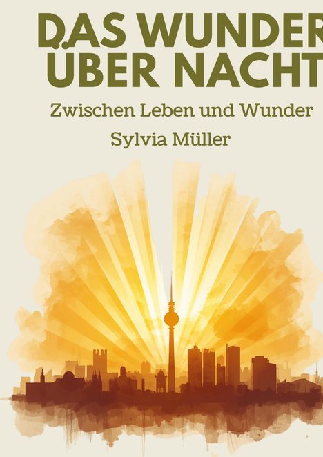 „Das Wunder über Nacht: Zwischen Leben und Wunder - Sylvia Müller.“ Skyline in Sonnenaufgangsfarben mit Turm.
