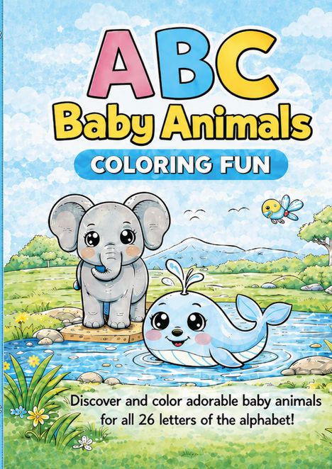 "ABC Baby Animals COLORING FUN. Discover and color adorable baby animals for all 26 letters of the alphabet!" Illustration: Ein kleiner Elefant und ein lächelnder Wal stehen in einer bunten Landschaft mit Fluss.