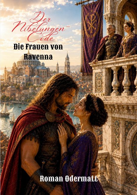 „Der Nibelungen Code: Die Frauen von Ravenna“ von Roman Odermatt. Zwei Personen auf einem Balkon vor einer Stadtansicht.