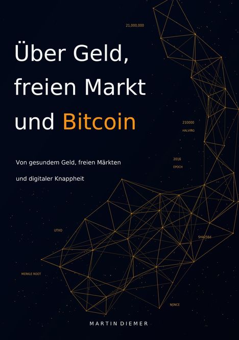 "Über Geld, freien Markt und Bitcoin. Von gesundem Geld, freien Märkten und digitaler Knappheit." Text auf dunklem Hintergrund.