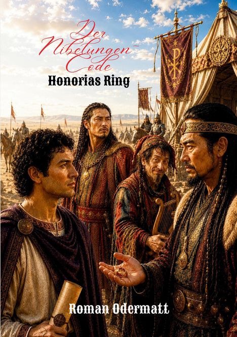 Der Text lautet: "Der Nibelungen-Code Honorias Ring Roman Odermatt". Vier Männer in historischen Gewändern vor Zelt.