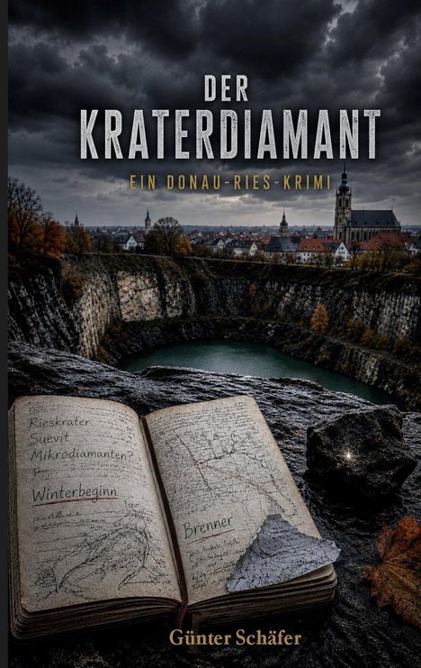 "Der Kraterdiamant, ein Donau-Ries-Krimi. Rieskrater, Suevit, Mikrodiamanten? Winterbeginn, Brenner. Günter Schäfer." Ein Krater mit Wasser, darüber dramatischer Himmel. Ein Buch liegt im Vordergrund.