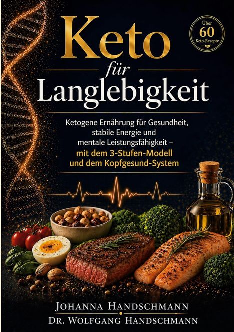 „Keto für Langlebigkeit“ und „über 60 Keto-Rezepte“ in gelb, mit Lebensmitteln und Ölflasche, DNA- und Herzlinien-Motiv.