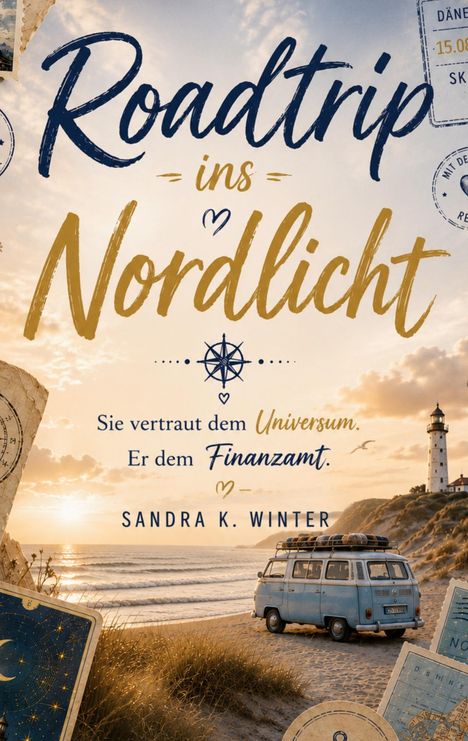 „Roadtrip ins Nordlicht. Sie vertraut dem Universum. Er dem Finanzamt.“ Sandra K. Winter. Strand mit Van und Leuchtturm.