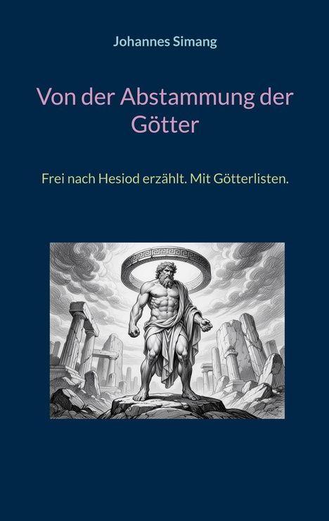 Titel: "Von der Abstammung der Götter". Illustration eines muskulösen Mannes mit Säulen im Hintergrund.
