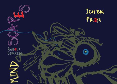 "Ich bin Freya" in Gelb; "SCAPES" und "MIND" in Lila und Gelb. Abstrakte Illustration mit blauem Auge.