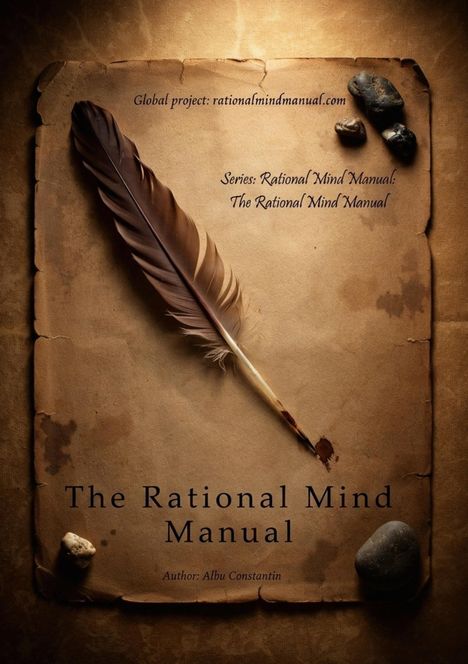 „The Rational Mind Manual“ steht auf einem alten Papier mit Feder und Steinen. Autor: Albu Constantin.