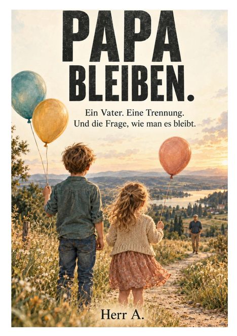 "PAPA BLEIBEN. Ein Vater. Eine Trennung. Und die Frage, wie man es bleibt. Herr A." Zwei Kinder mit Luftballons auf einem Feldweg, in Richtung eines Mannes.
