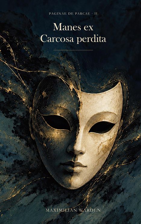 "Manes ex Carcosa perdita" steht in großen Buchstaben. Eine halbierte Maske, schwarz und weiß, mit goldenen Verzierungen.