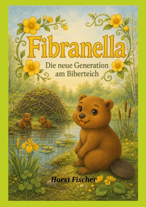 „Fibranella: Die neue Generation am Biberteich.“ Illustration von Bibern am Wasser mit Blumen und Biberbau.