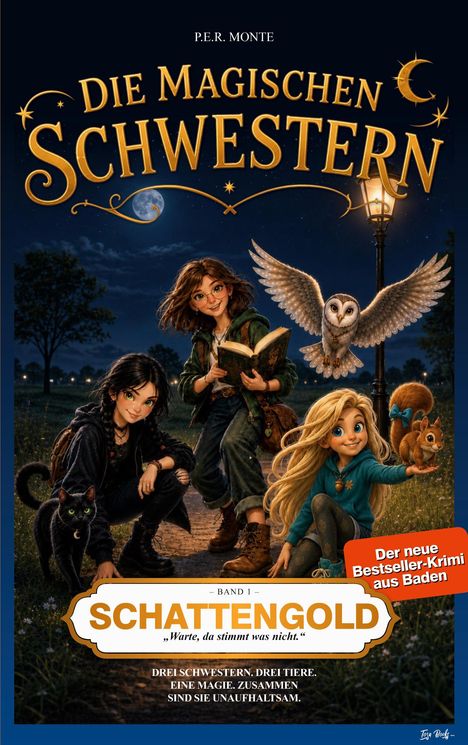 Titel: "Die Magischen Schwestern". Untertitel: "Schattengold". Text: "Drei Schwestern. Drei Tiere. Eine Magie." Eine Eule, ein Eichhörnchen und eine Katze mit drei Mädchen.