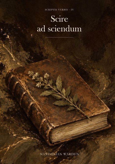 Titel „Scire ad sciendum“. Ein altes Buch mit einer Pflanze liegt auf einer kunstvollen, dunklen Oberfläche.