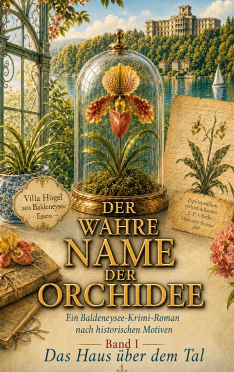 „Der wahre Name der Orchidee. Band 1: Das Haus über dem Tal.“ Eine prunkvolle Orchidee in Glasvitrine vor Villa.