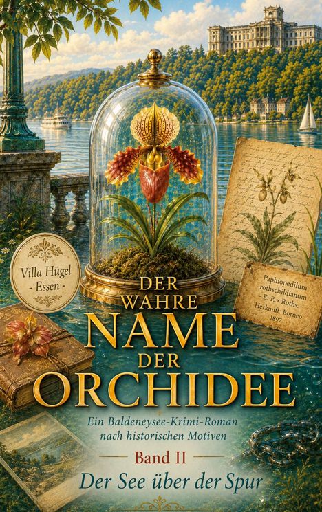 "Der wahre Name der Orchidee" steht über einer kunstvollen Orchidee unter einer Glasglocke, im Hintergrund ein See und Schloss.